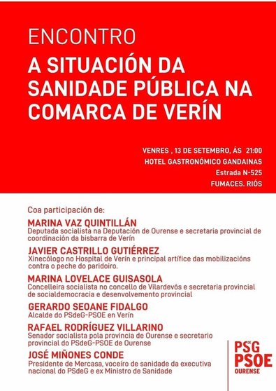 Cartel del encuentro del PSdG-PSOE de Ourense por la Sanidad Pública de la comarca de Verín.